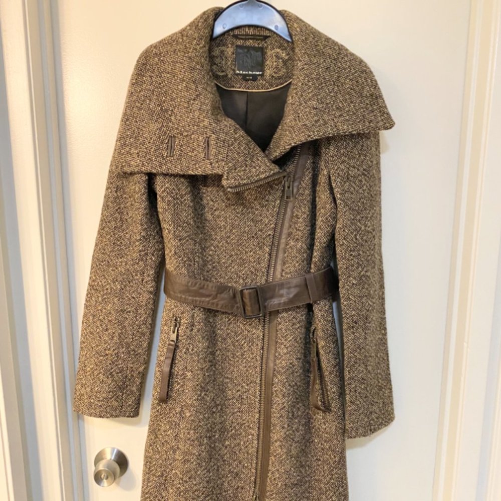 Mackage Brown Plaid Long Wool Belted Trench Coat, sz M.